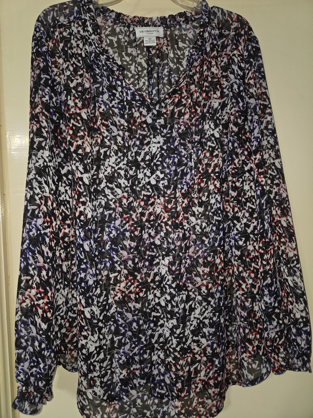 Liz Claiborne Black Print Long Sleeve Blouse with Red & Blue Accents And Shimmer